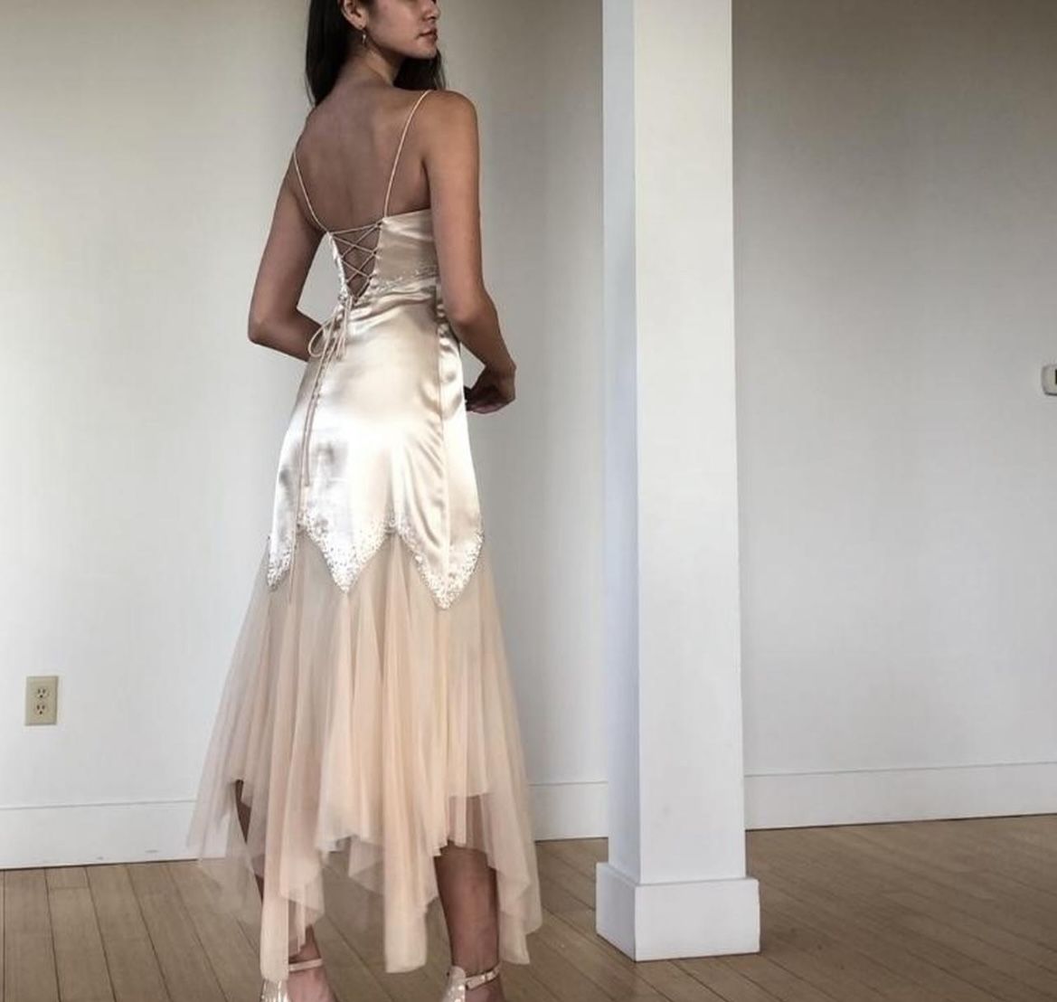 Girlhomeshops-Champagne retro French elegant satin long Prom dress evening dress party dress wedding guest dress gh5159