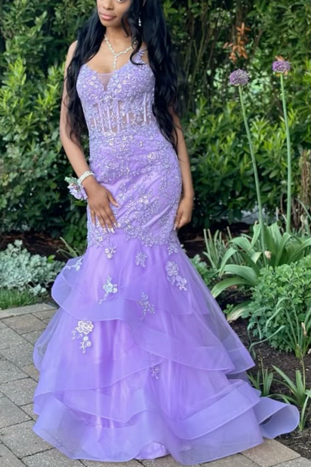 girlhomeshops-Lila Blumen Fischschwanz Lange Meerjungfrau Schlank Abschlussballkleid Ballkleid gh5861