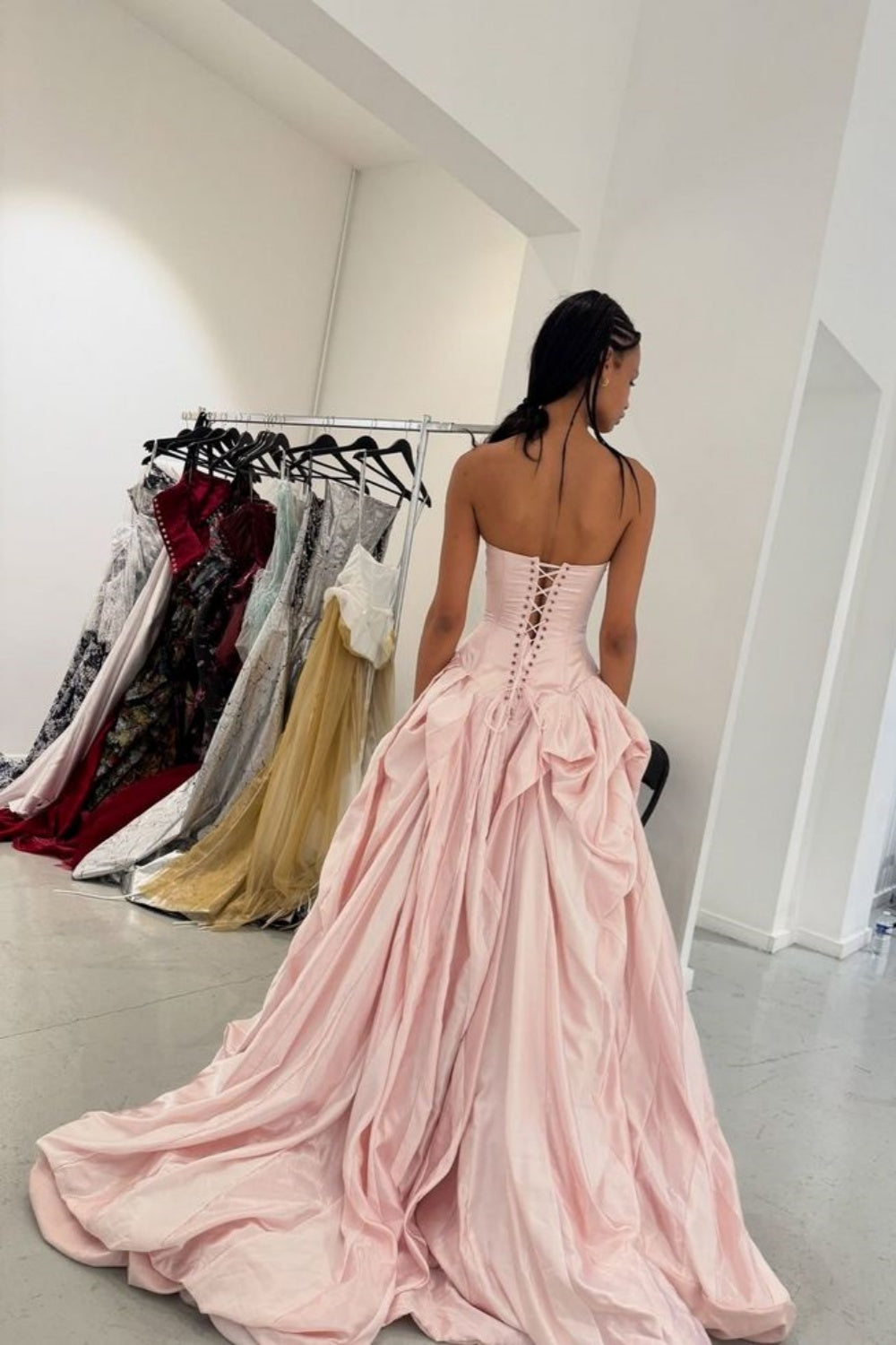 French Luxury Elegant Style Strapless Gown | Blush Satin Ruched Ballgown Train Maxi Dress for Gala Engagement High-End Social Event gh6436