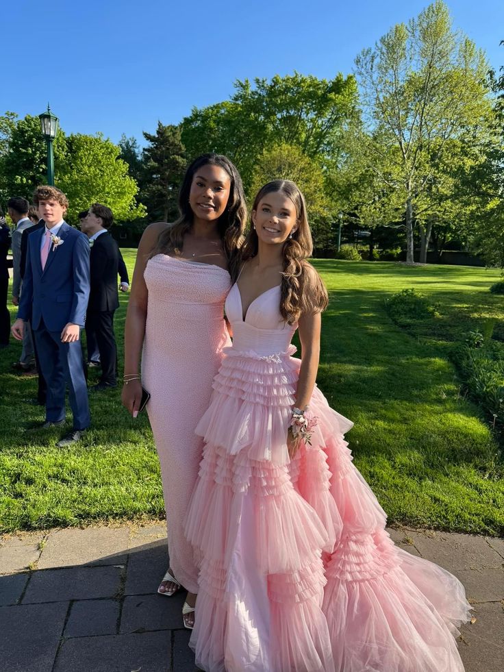 Pink sweet fashion V-neck elegant long tulle floor-length trailing ball gown evening dress prom dress gh3791