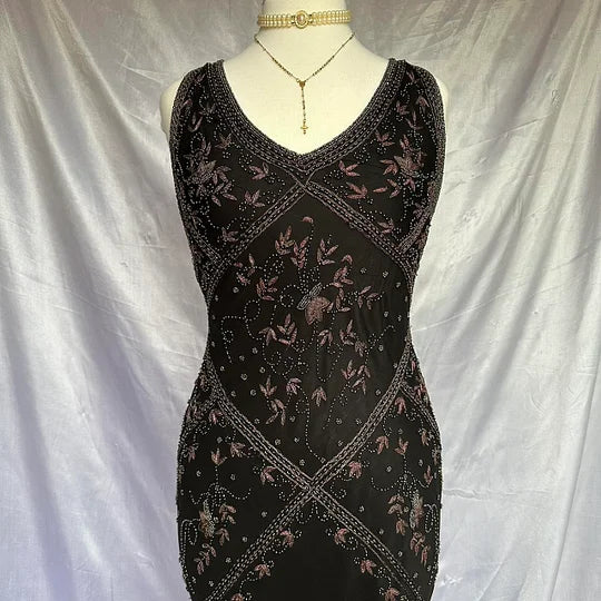 Robe de soirée élégante en mousseline de soie, style vintage, noire, motif floral, tenue de bal, de fête d'anniversaire, gh4271