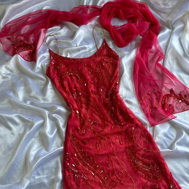 Red fashion elegant exquisite beaded spaghetti straps long ruffled chiffon ball gown evening dress party dress gh3477