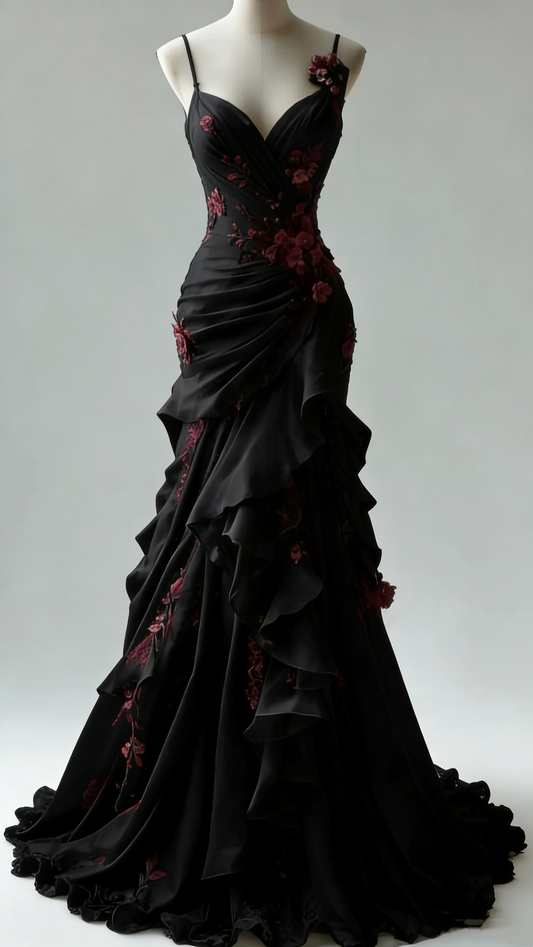 Robe sirène à fines bretelles noires et rouges à imprimé rose, style romantique sombre - Robe de soirée à thème gothique gh6558