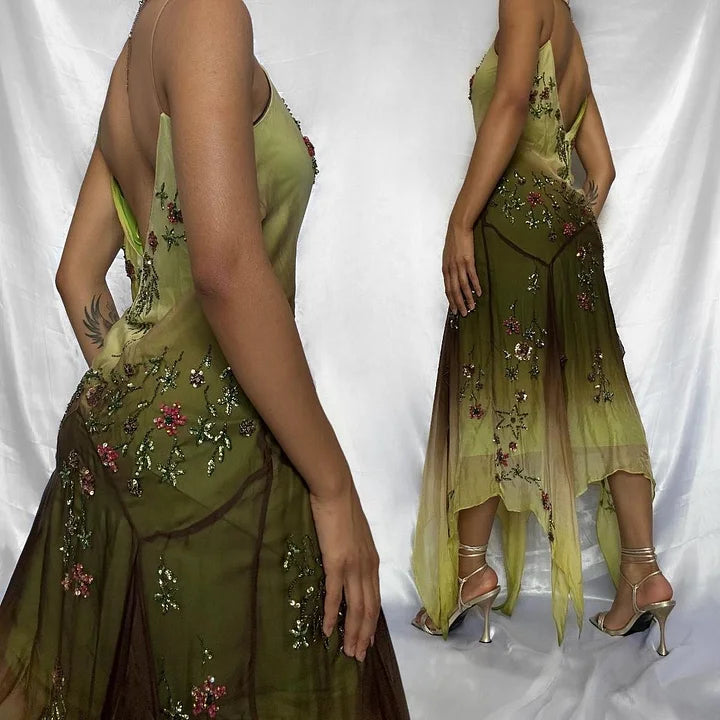 Robe de soirée longue en mousseline de soie à perles exquise dégradé de mode verte gh3512