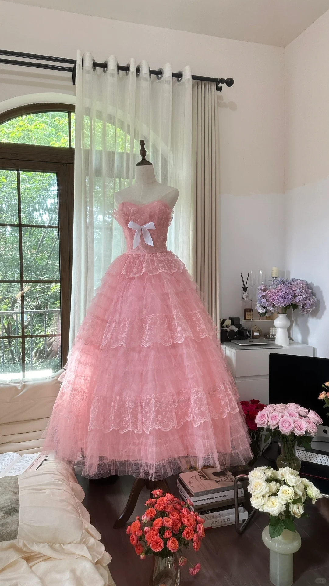 Robe de soirée princesse en tulle rose, élégante et exquise, avec nœud en dentelle, robe de bal, robe d'anniversaire, robe de cérémonie pour adulte, gh4033