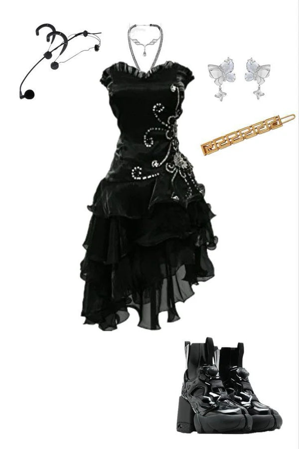 girlhomeshops--Blue/Black Delicate Floral Beaded Short Ruffled Tulle Homecoming Dress gh5635