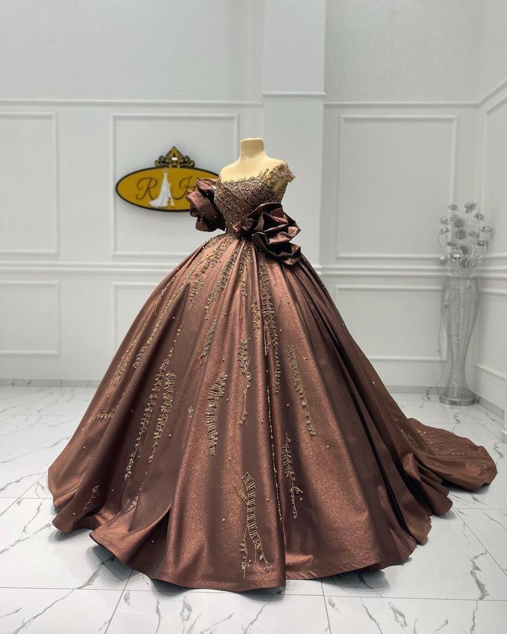 Brown Gorgeous Exquisite Beaded Elegant Long satin Ball Gown Evening Dress gh3167