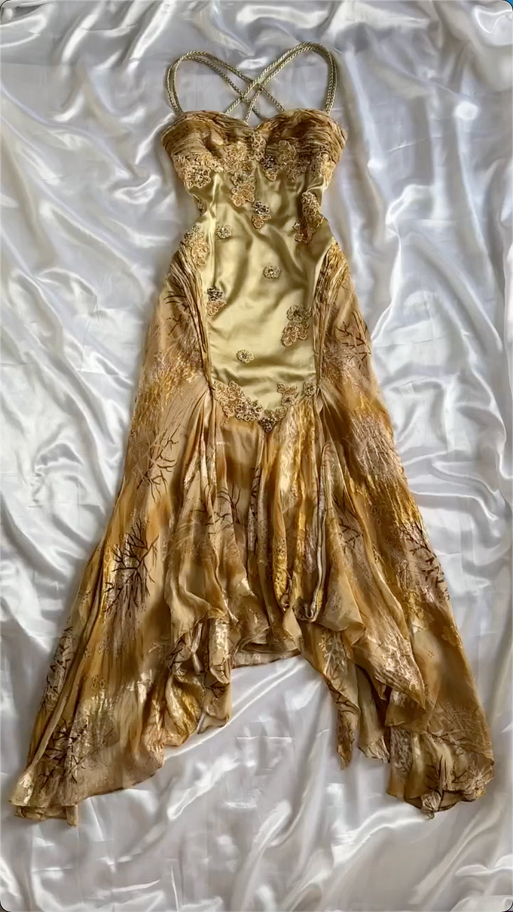 Gold Umwerfend Schönes Charmantes Elegantes Exquisites Blumenmuster Perlen Trägerloses Langes Satin Chiffon Ballkleid Abendkleid Partykleid Ballkleid gh3824