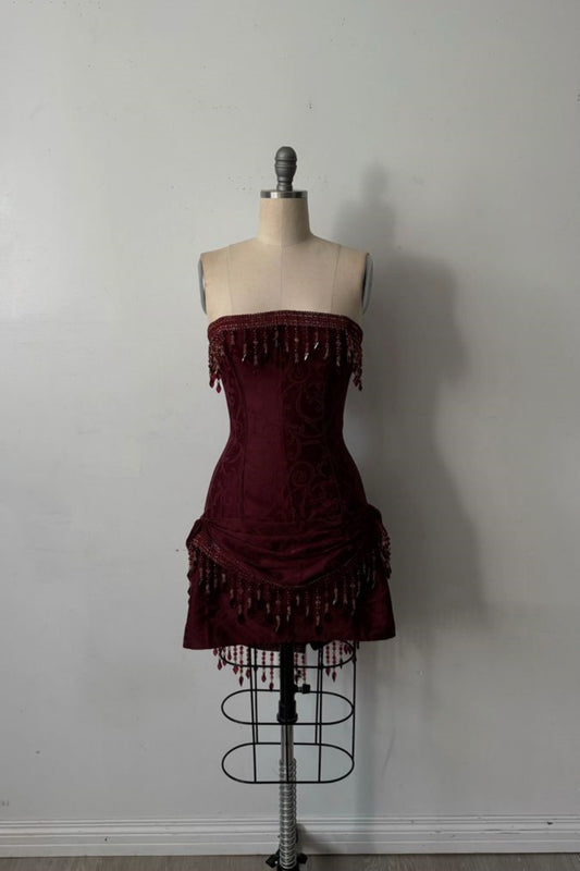 Burgunderfarbenes, perlenbesetztes kurzes Satin-Geburtstagskleid gh6875