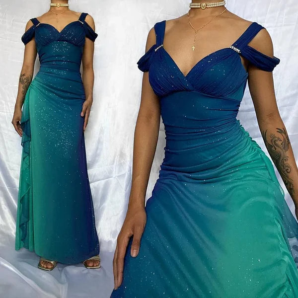Blue shiny fashion gradient elegant spaghetti straps long chiffon elegant ball gown evening dress party dress gh3492