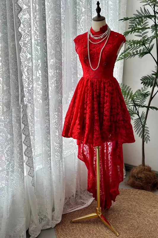 Bright Red Lace Stand Collar Gown: Asymmetrical Hem, Sleeveless Waist, Party Retro Mini Dress gh6582