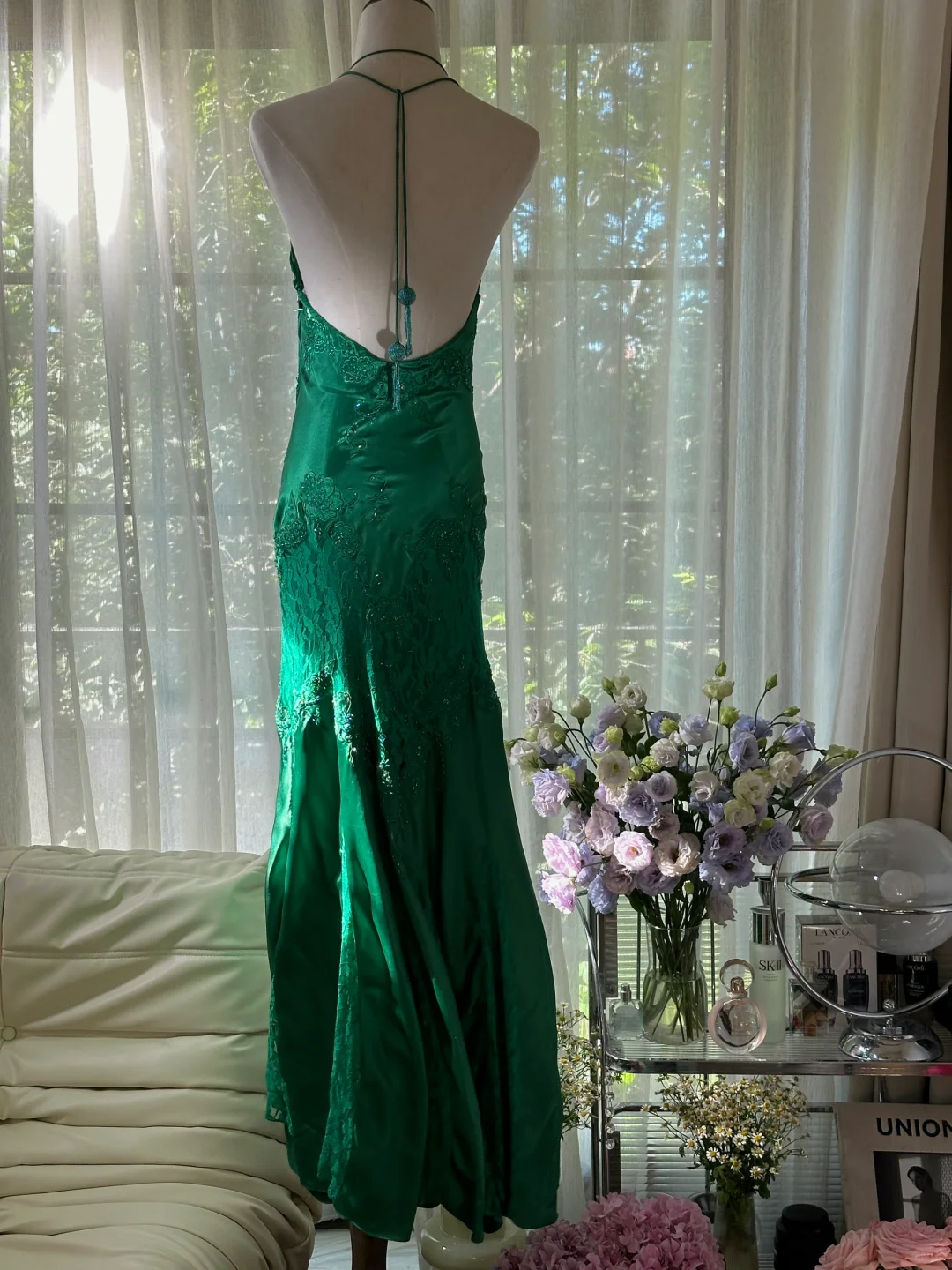 Grün, wunderschön glänzend, modisch, elegant, zarte Spitze, Perlenbesatz, lang, Satin-Chiffon, Ballkleid, Abendkleid für Geburtstage/Hochzeitsgäste/Urlaubspartys, Ballkleid, Valentinstags-Date-Kleid, gh4037