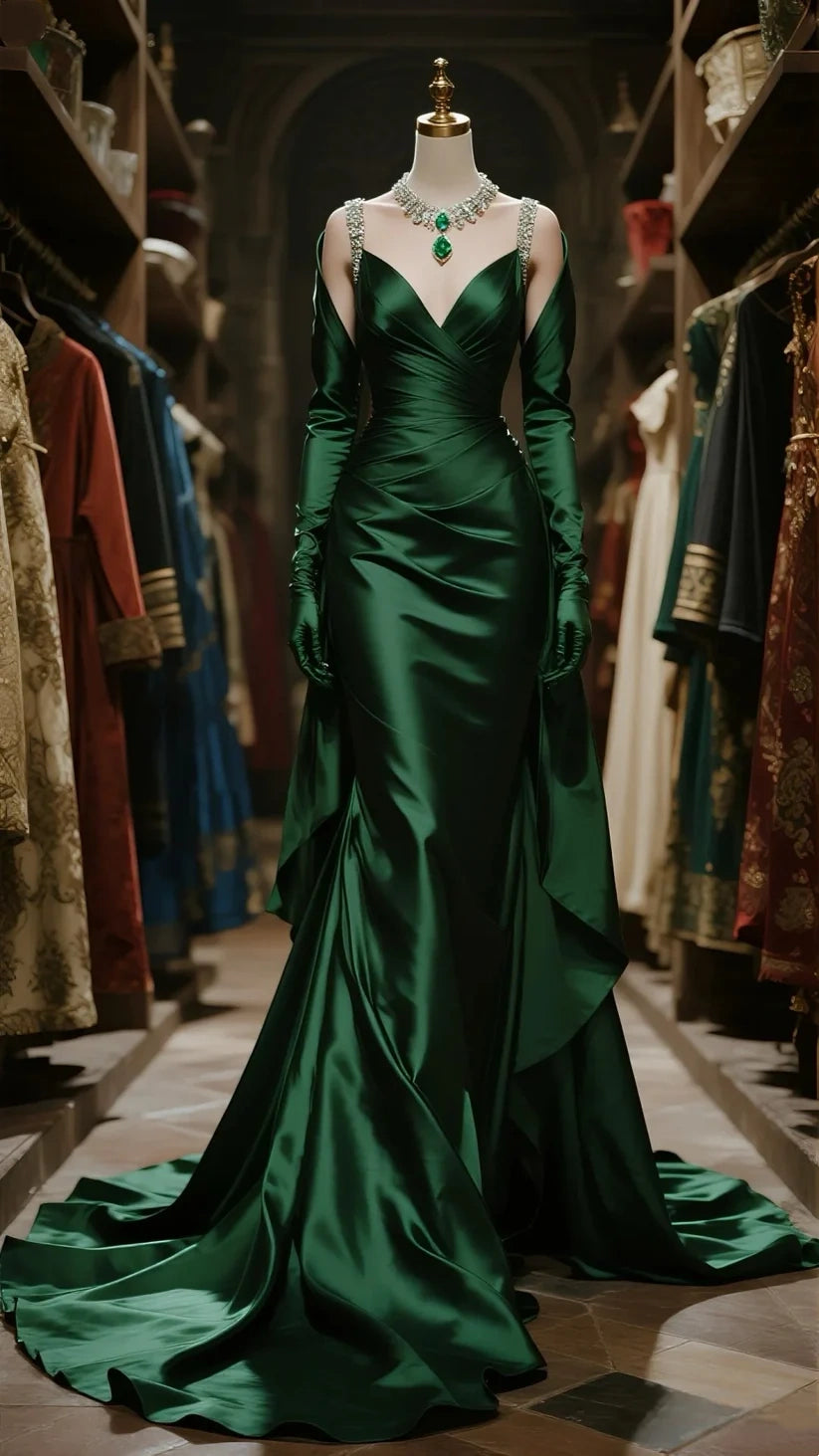 girlhomeshops-Luxury Birthday Style Dark Green Satin Rhinestone - Trimmed Long Sleeve Waist - Cinched Floor - Length Long Birthday Dress gh5874
