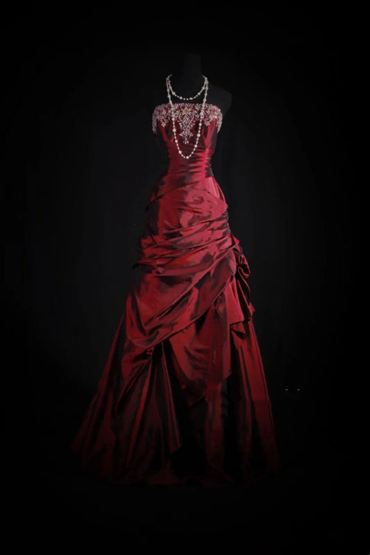 Robe bustier de luxe rétro en satin bordeaux ornée de perles - Robe de soirée et de cérémonie de mariage gh6571