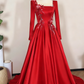 Crimson Satin Square-Neck Long-Sleeve 3D Flower Train Gown gh6387