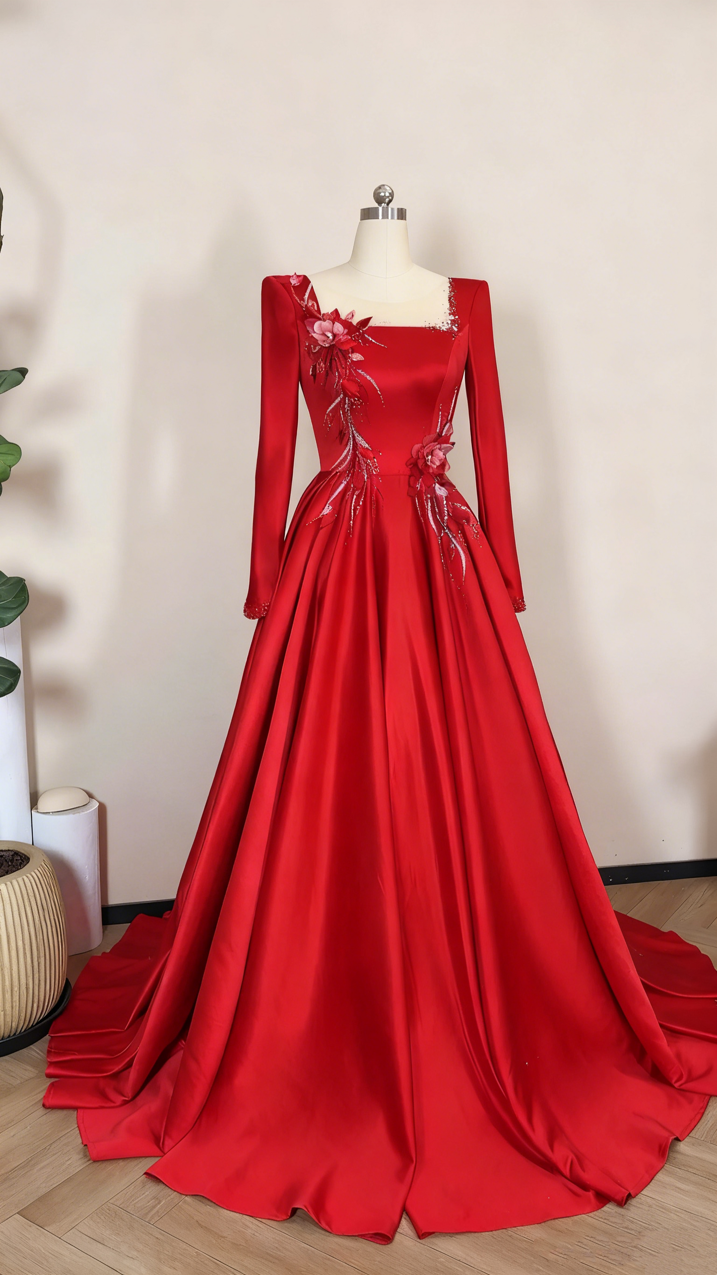 Crimson Satin Square-Neck Long-Sleeve 3D Flower Train Gown gh6387