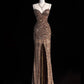 Brown Gold sequins shiny gorgeous elegant beautiful spaghetti straps long sexy slit sequins floor-length ball gown evening dress gh4113