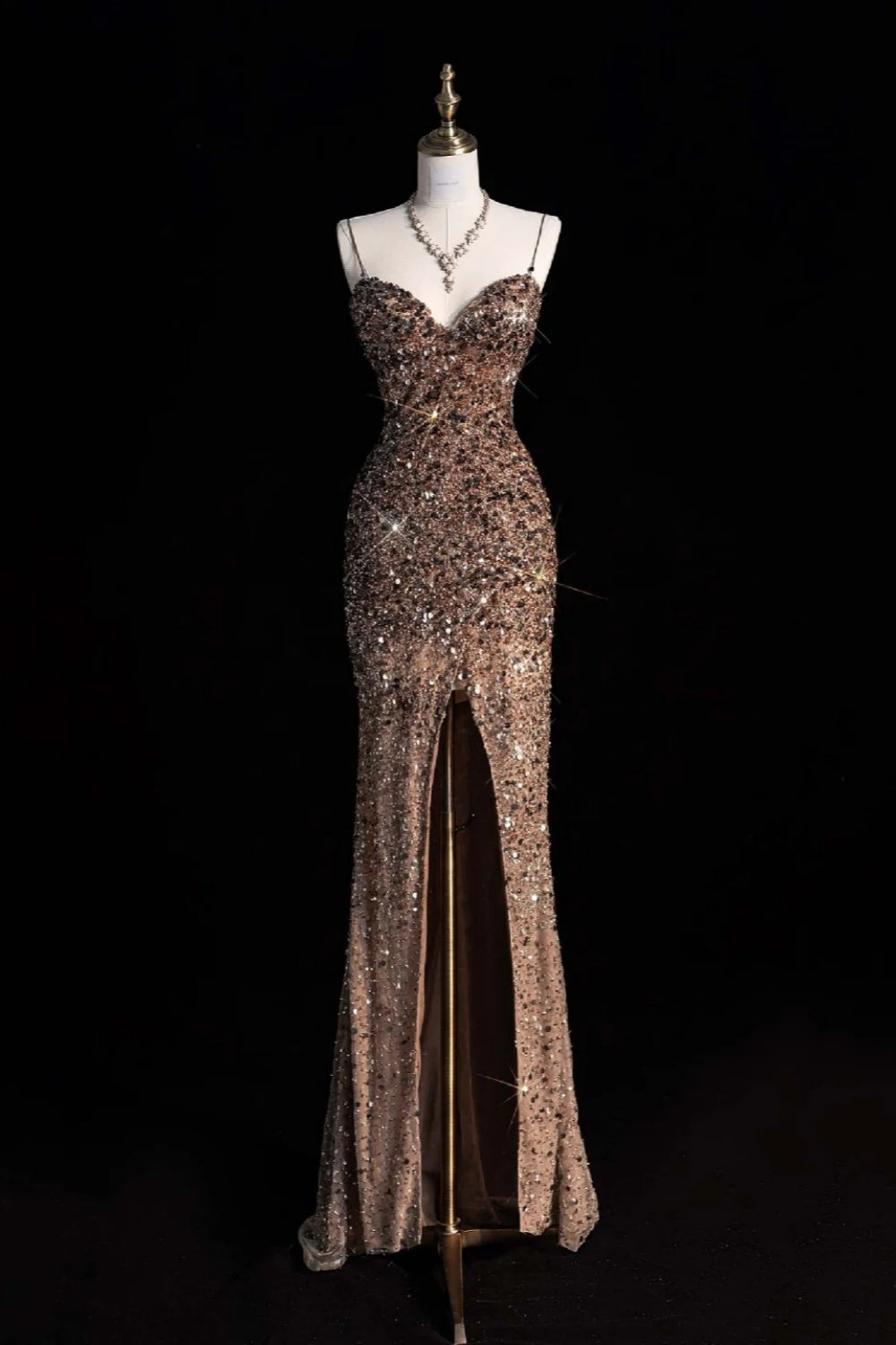 Champagne Gold Gradient Sequin Spaghetti Strap Mermaid Maxi Evening Gown gh6754