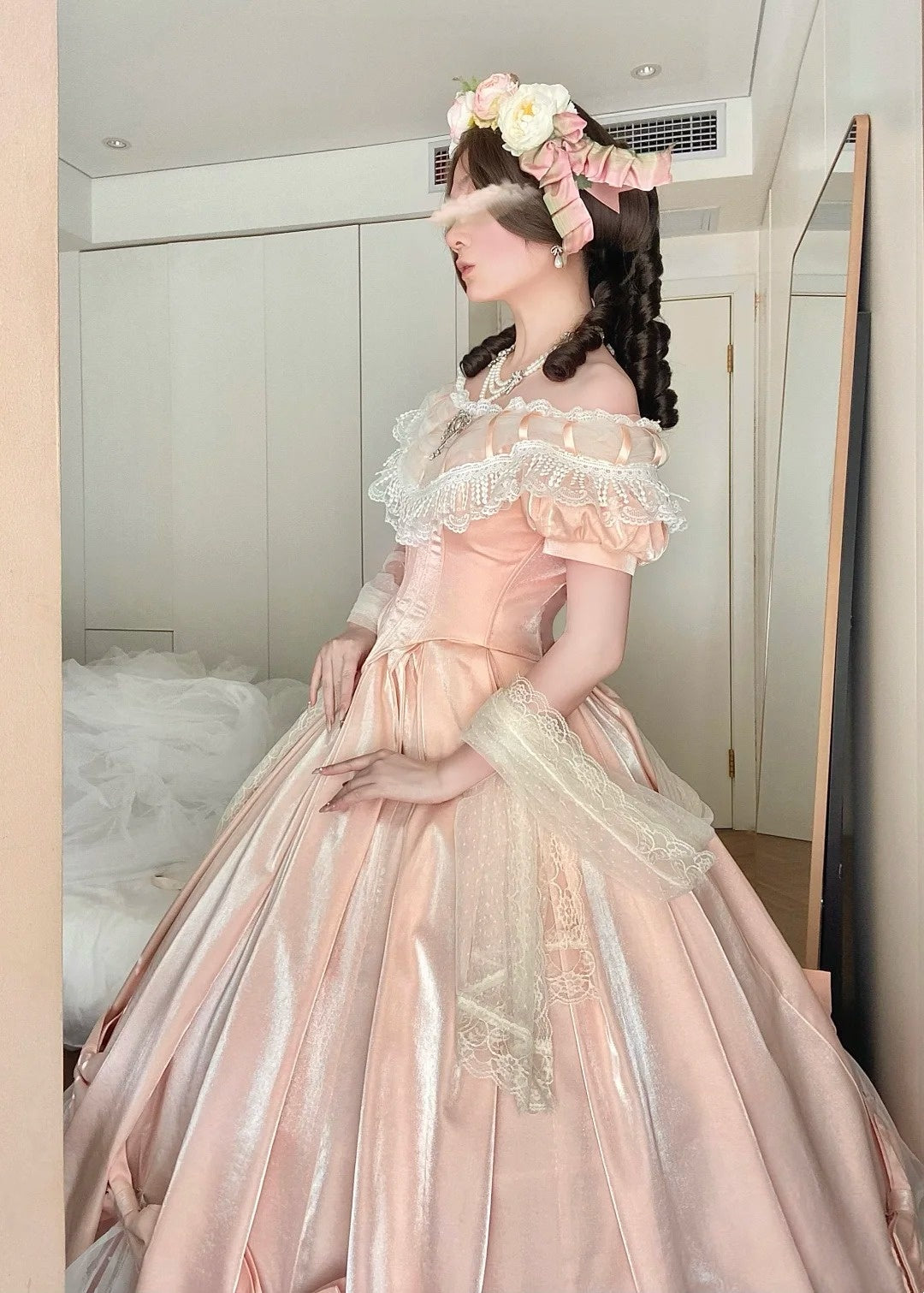 Peach Pink Satin Off-the-shoulder Lolita Victorian Ball Gown: Satin Fabric, Lace Bow Trim, Retro Ballgown Silhouette, Tea Party Formal Dress gh6735