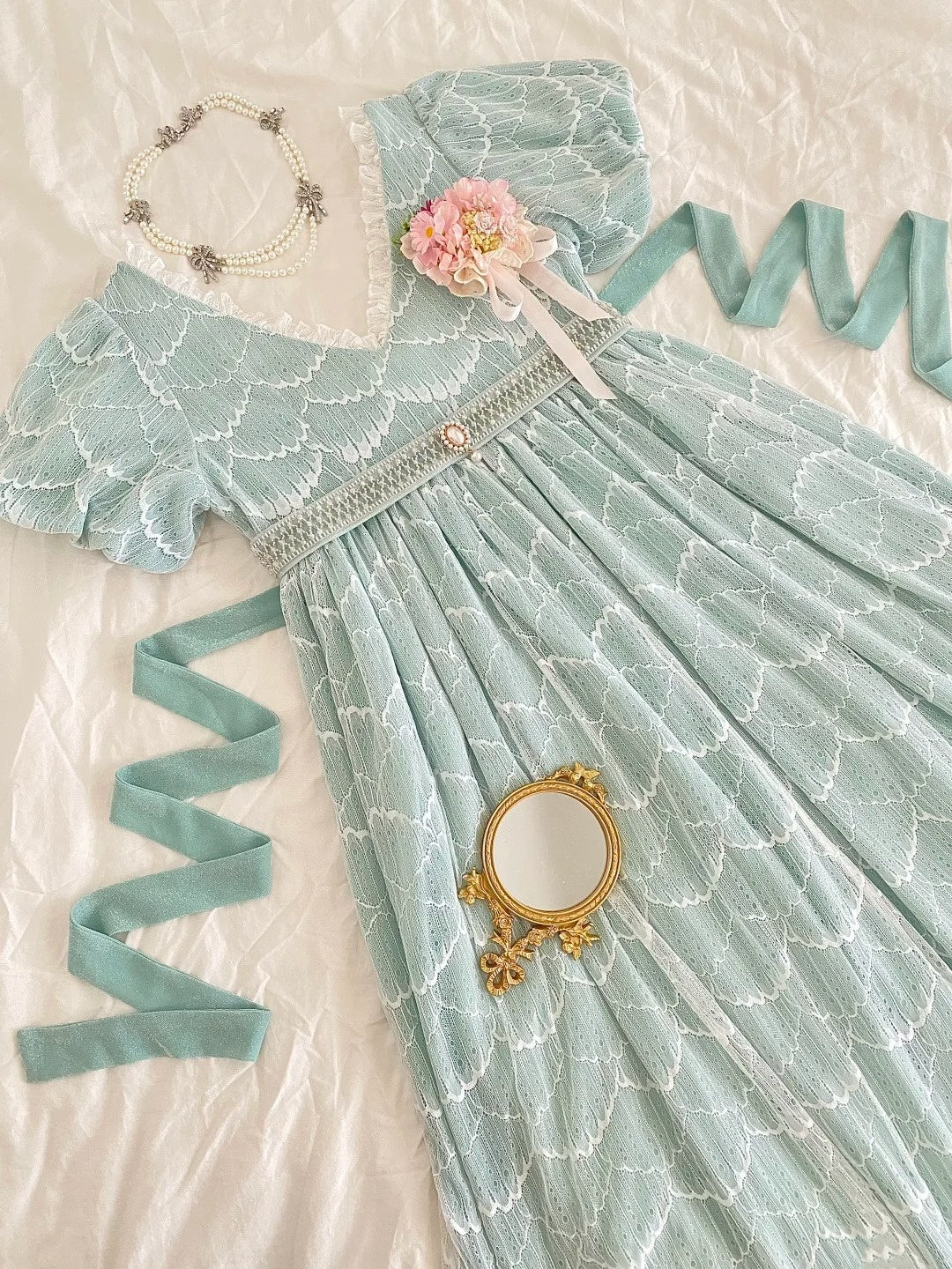 Mint Green Lace Square Neck Short Sleeve Floor-length Gown Retro Rococo Tea Party·Luxury Party Dress gh6738