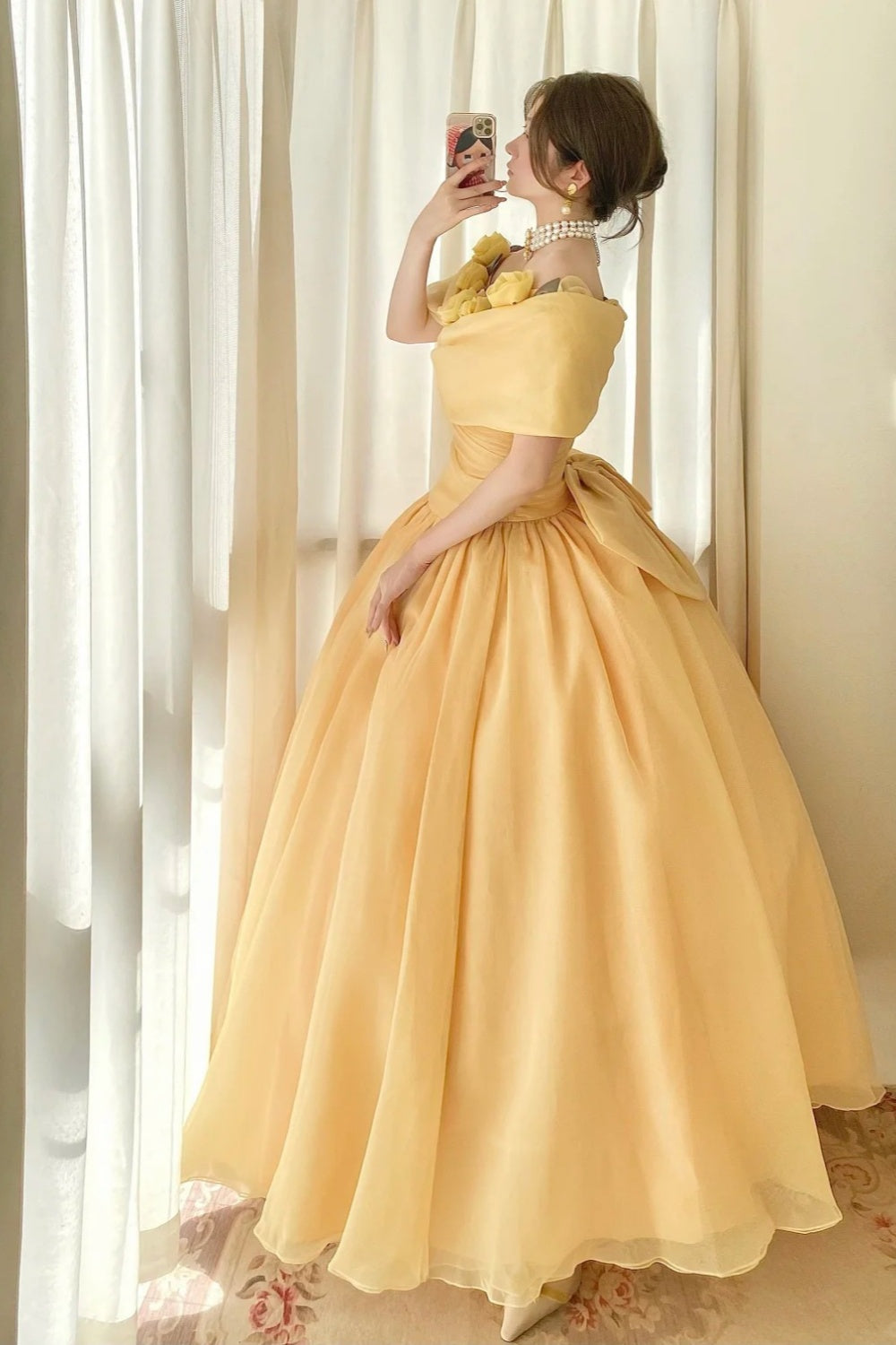 Cream Yellow Organza Off-the-shoulder Floor-length Ballgown 3D Rose Victorian Evening Dress gh6736