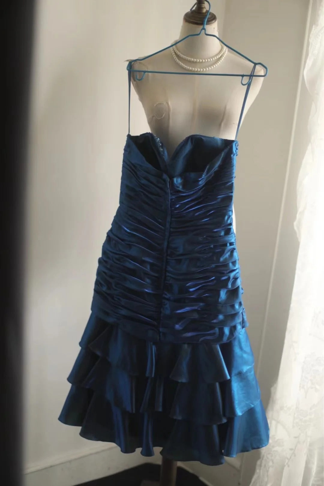 Blue Beaded Floral Homecoming Dress Short Satin Ball Gown Evening Gown Graduation Gown gh4495