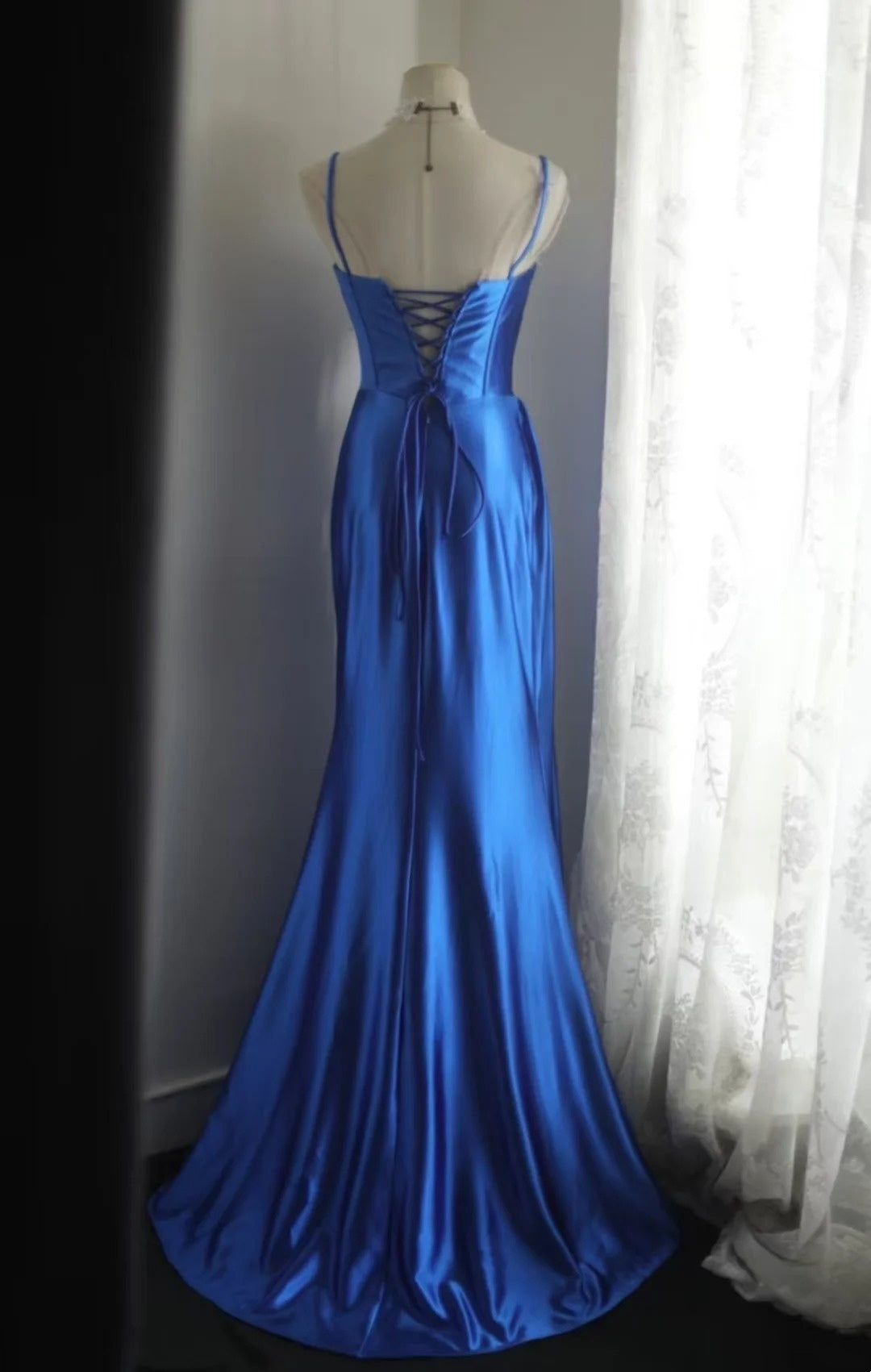 girlhomeshops-Sleeveless Royal Blue Satin Mermaid Dress, Retro Elegant Slim - fitting Floor - length Evening Gown  gh5828