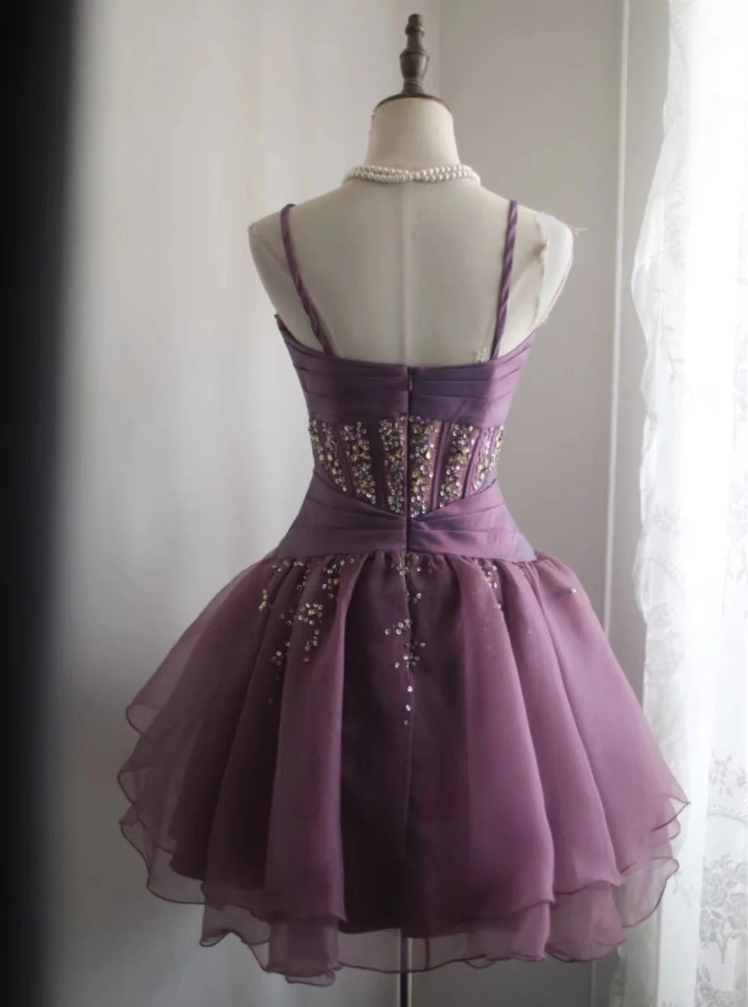 Purple retro palace puffy short homecoming dress princess dress taffeta satin organza handmade beaded adult ceremony birthday party gh4373