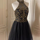 Black Gold Beaded Short Tulle Homecoming Dress Prom Dress Birthday Party Dress gh4848