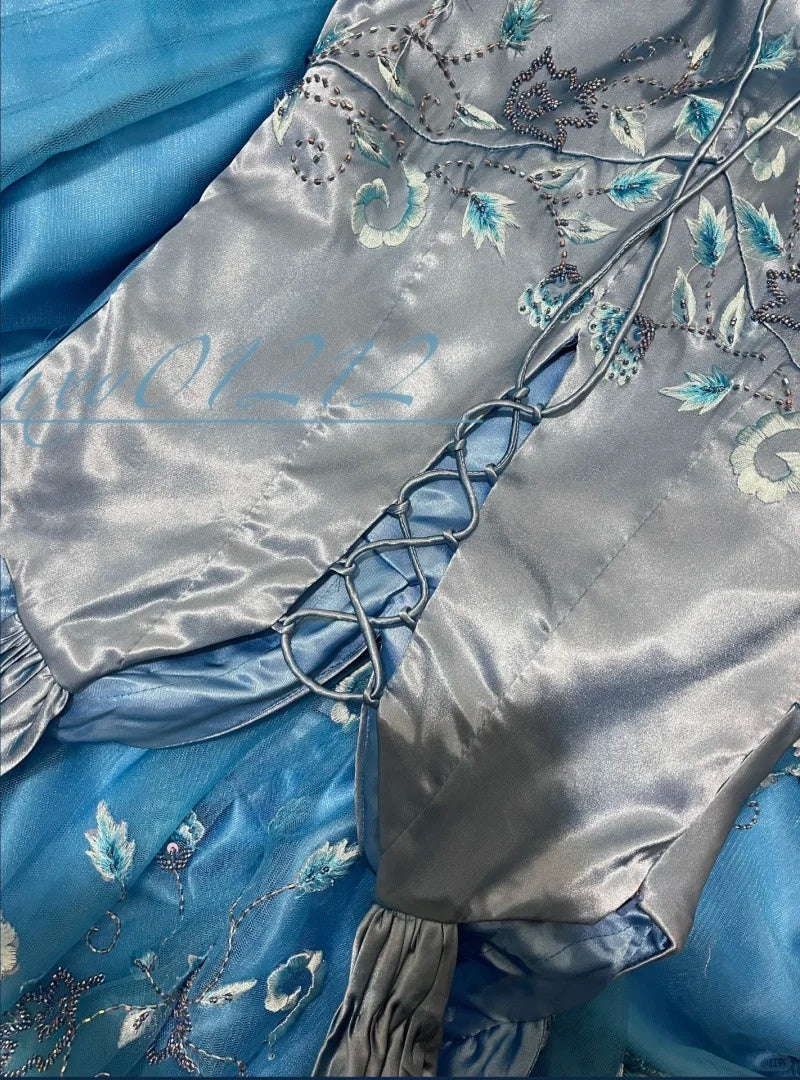 Robe de soirée longue en satin bleu à fleurs, élégante, robe de demoiselle d'honneur, gh4464