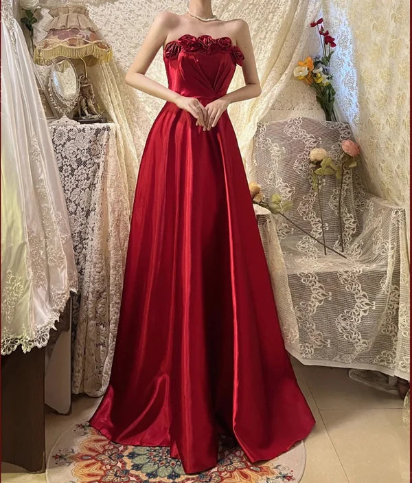 Red delicate floral long elegant satin ball gown evening dress gh4436