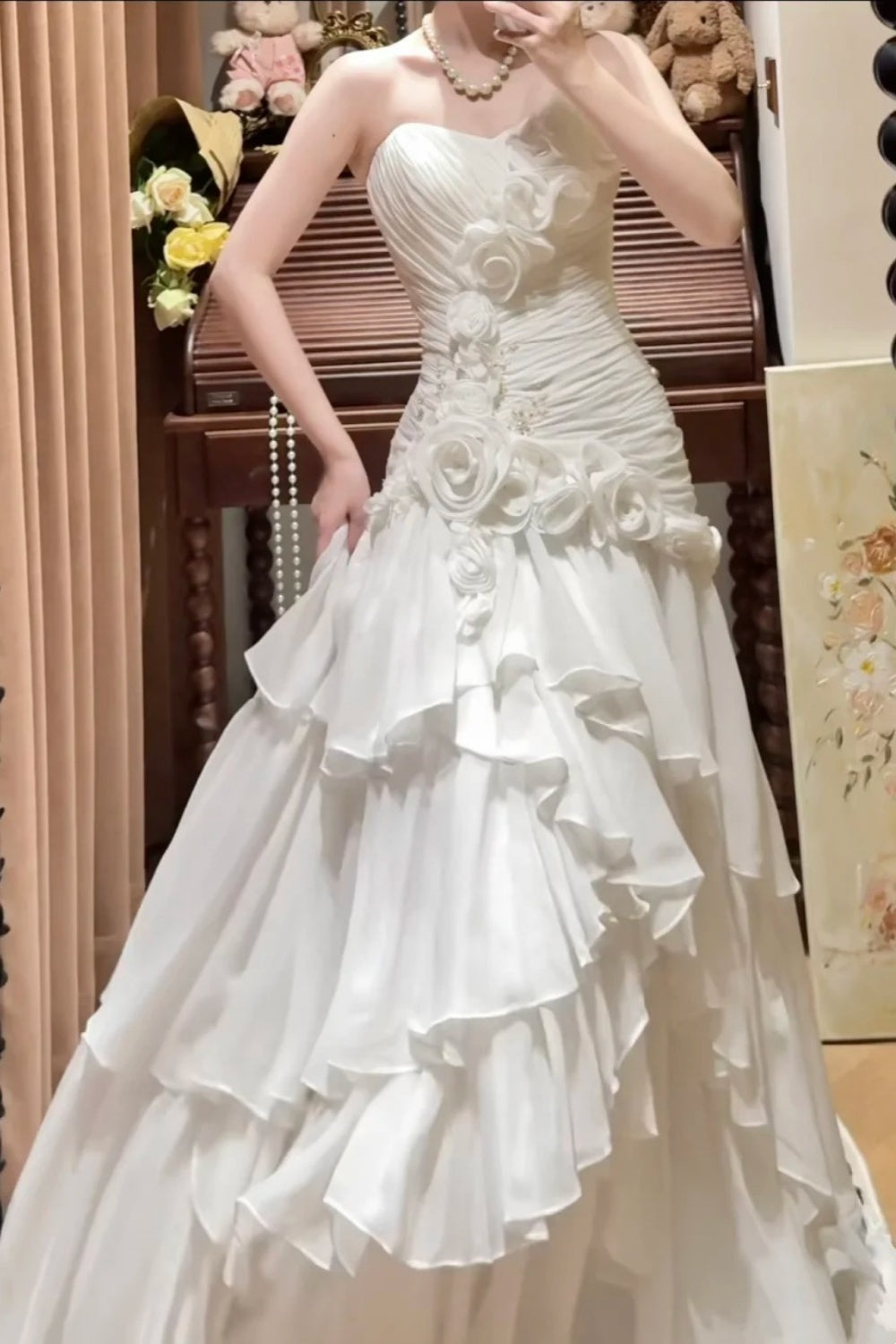 Girlhomeshops - Robe de soirée longue blanche en tulle à fleurs, décolleté en cœur, style princesse, robe de bal, de remise de diplôme, robe de mariée, gh5976
