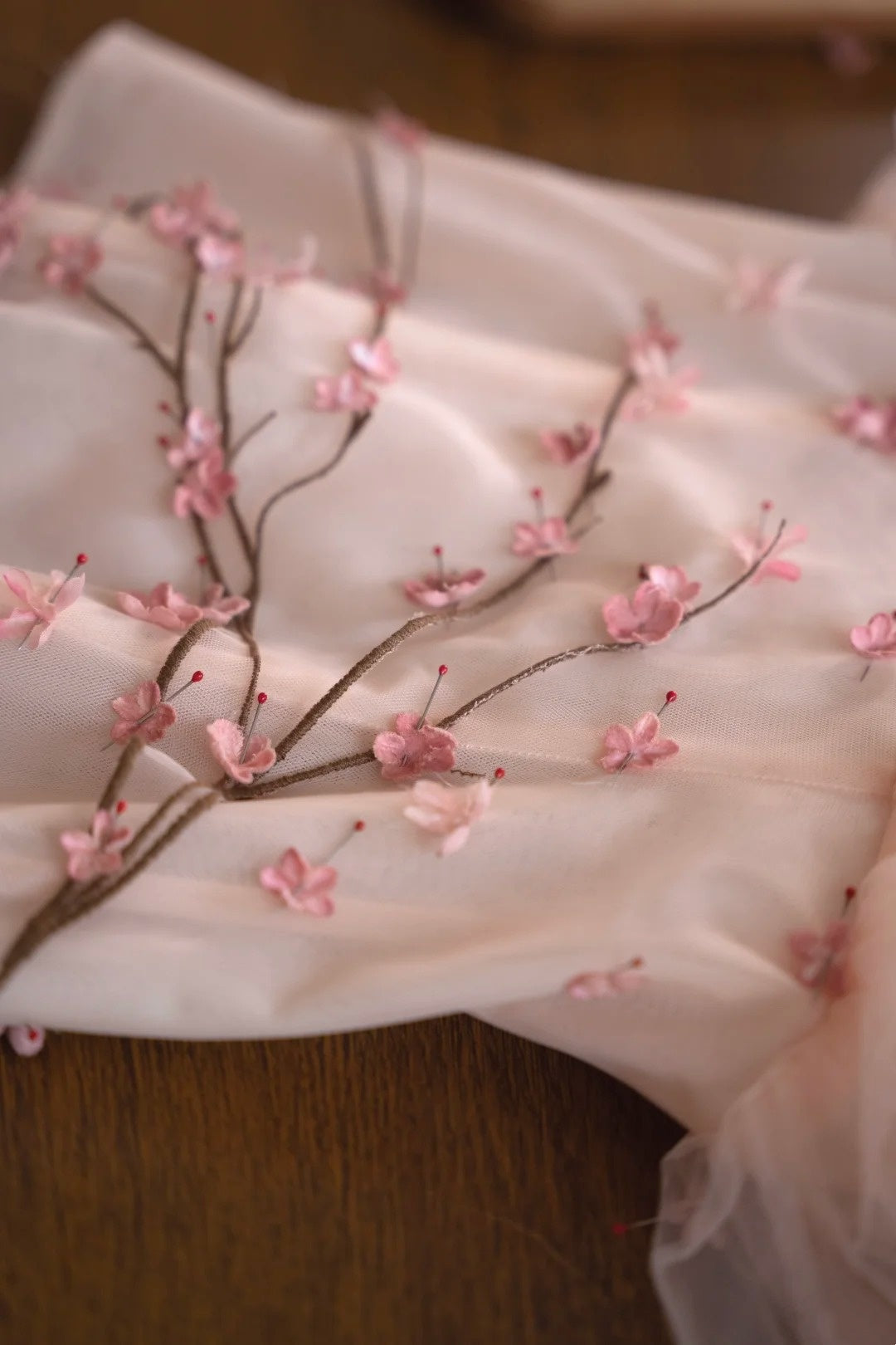 girlhomeshops- Vintage Peach Pink Plum Blossom 3D Embroidered Strapless Tulle Chinese Style Evening Gown gh6034