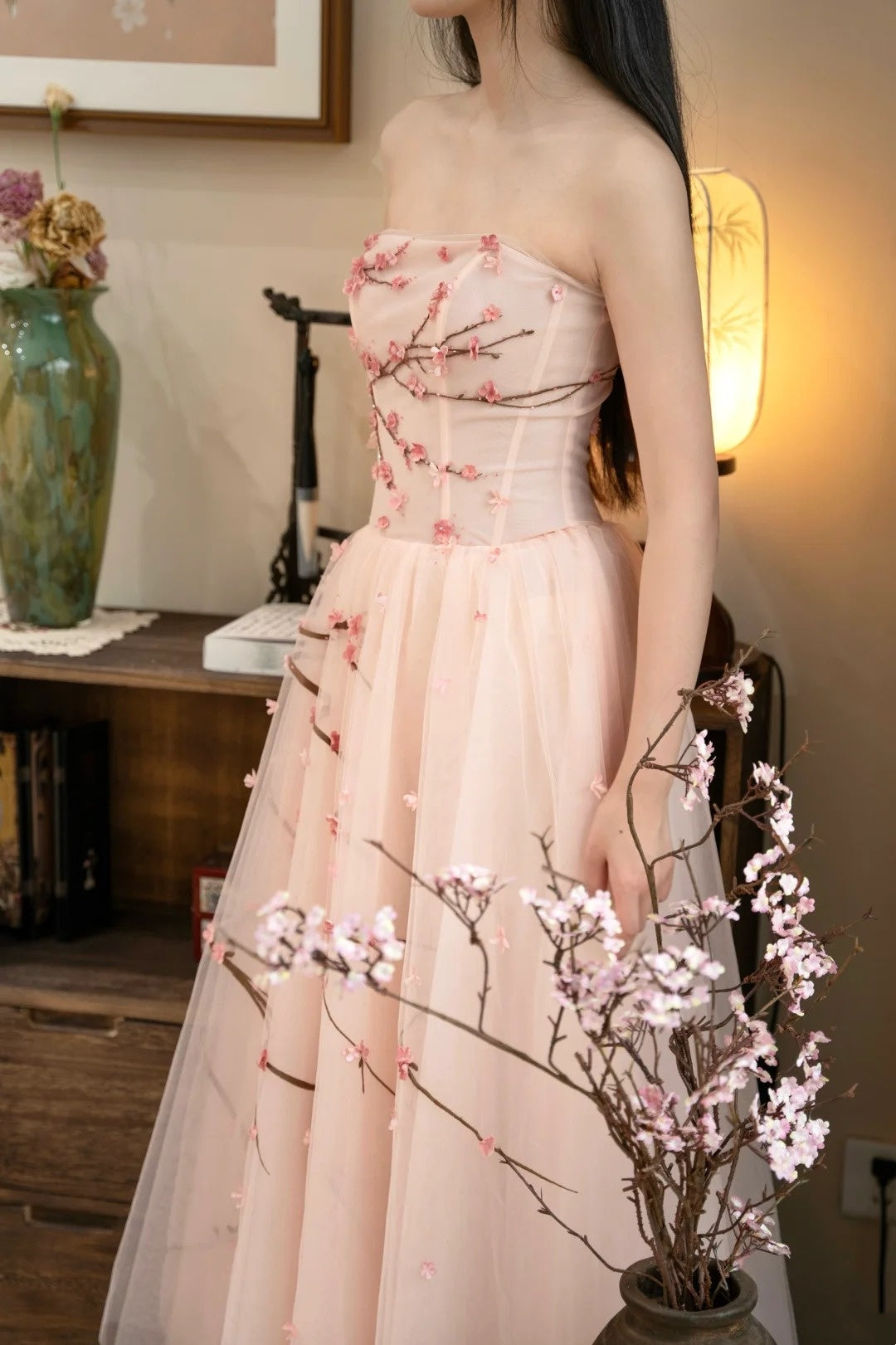 girlhomeshops- Vintage Peach Pink Plum Blossom 3D Embroidered Strapless Tulle Chinese Style Evening Gown gh6034