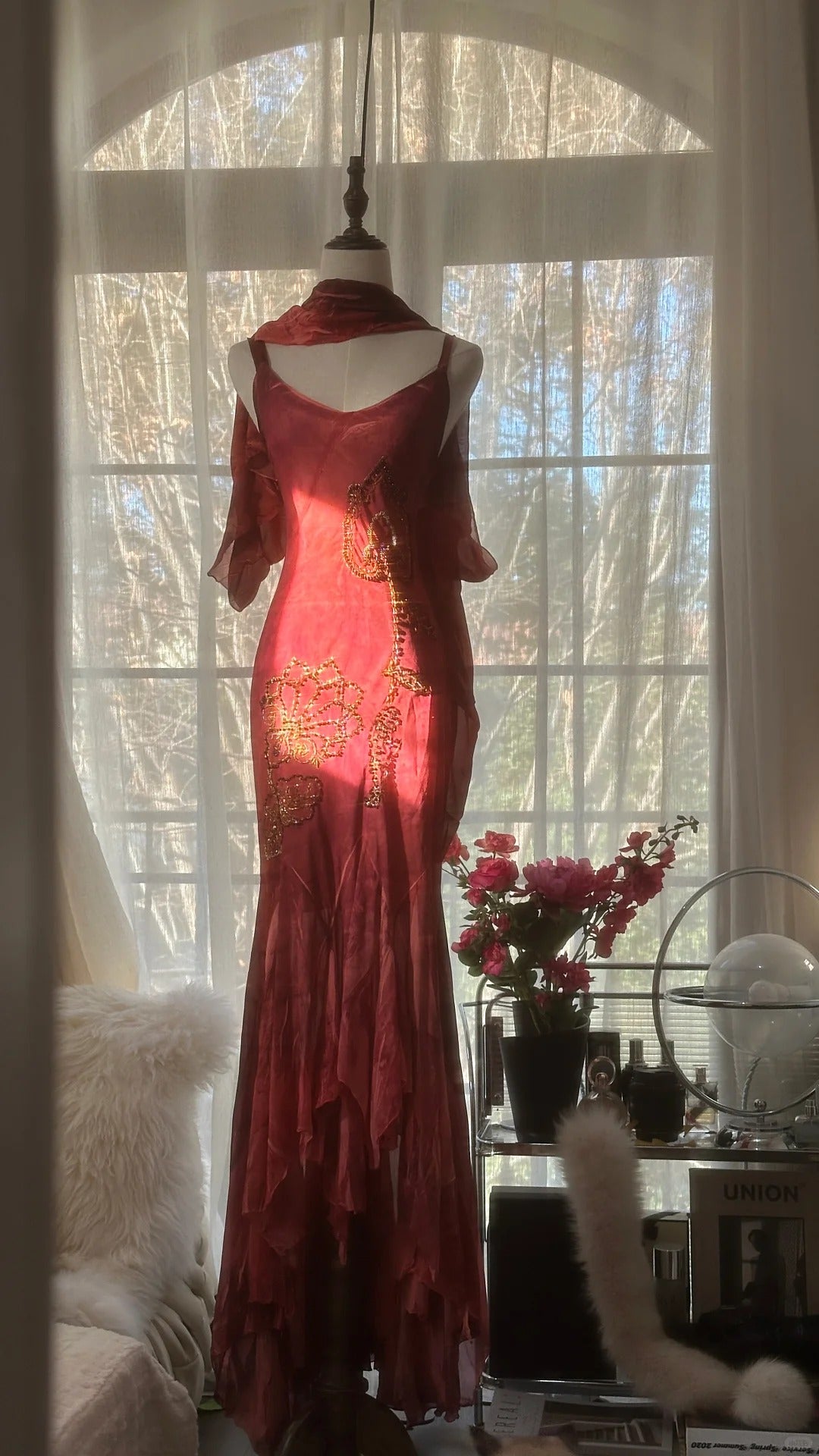 Rot Romantisch Mode Elegant Exquisite Lotus Gold Perlen Lang Chiffon Fischschwanz Rock Meerjungfrau Schlank Ballkleid Abendkleid Geburtstag/Hochzeitsgast/Urlaub Partykleid Ballkleid Valentinstag Date Kleid gh4029