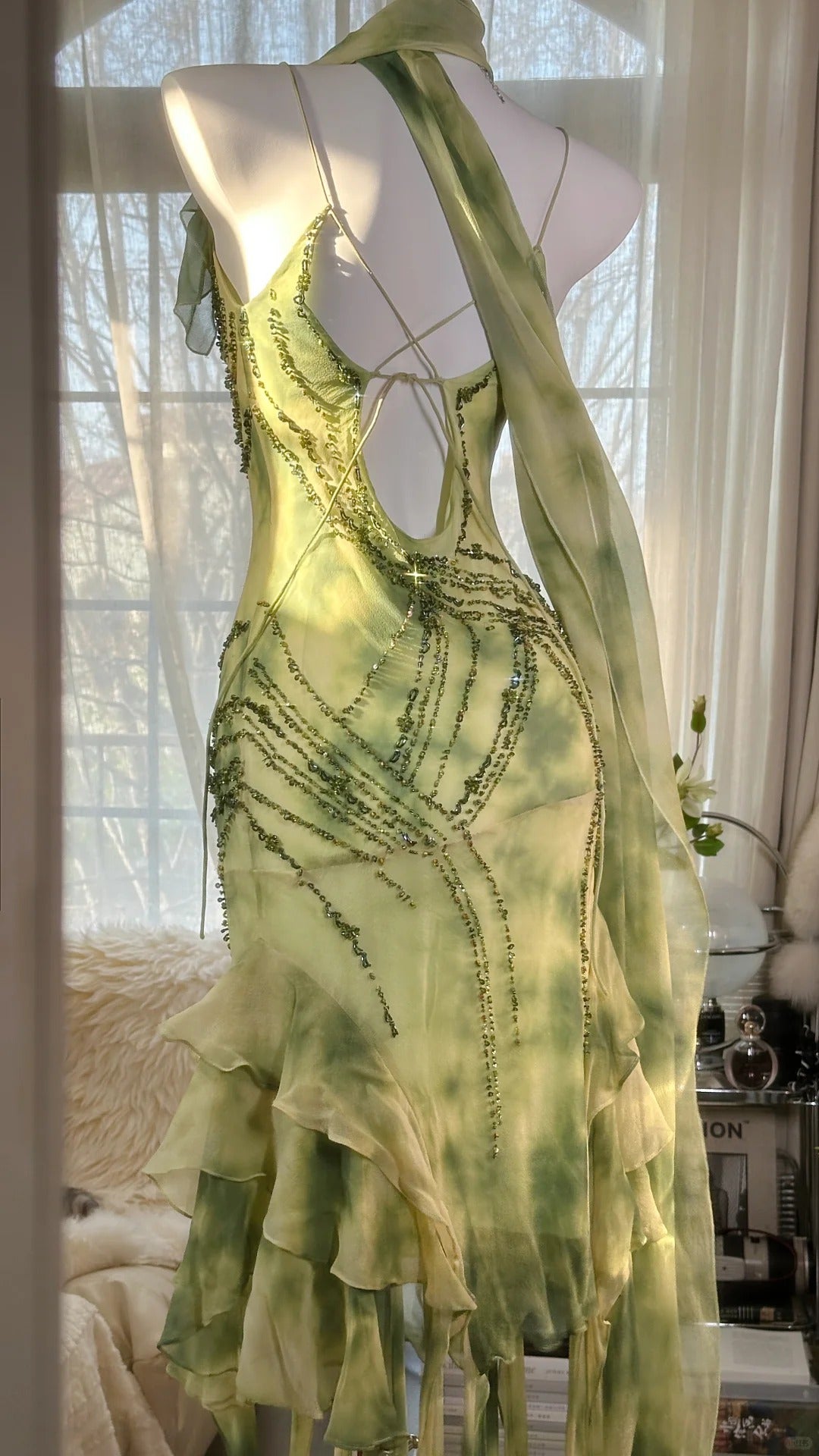 Green Romantic Elegant Exquisite Beaded Backless Long Chiffon Ruffle Homecoming Dress Prom Dress Evening Dress Birthday Vacation Party Dress gh4008