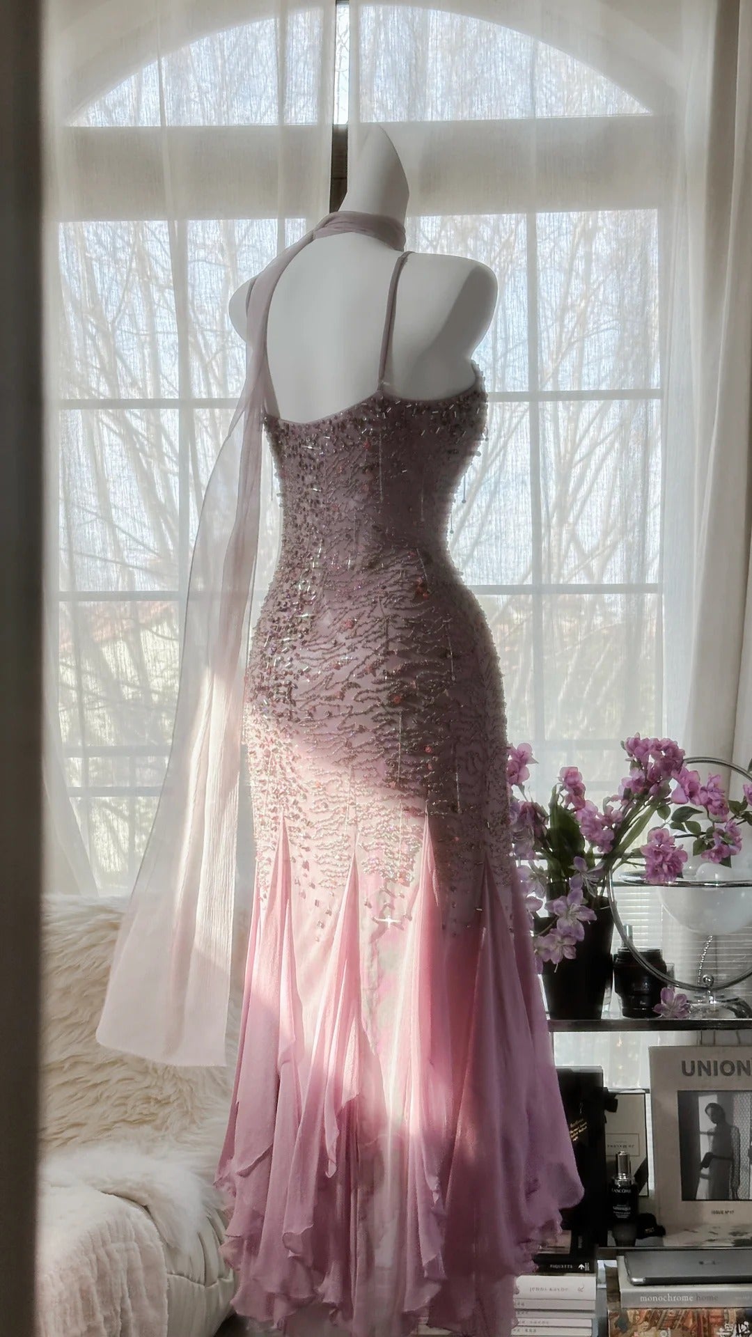 Rosa Lila Elegant Romantisch Exquisite Perlen Langes Chiffon Ballkleid Abendkleid Geburtstags-/Hochzeitsgast-/Urlaubspartykleid Ballkleid gh4021