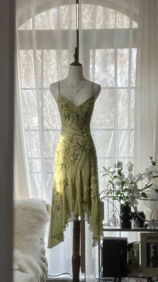 Robe de soirée élégante et romantique verte, à fleurs délicates, avec des appliques et des perles, à bretelles spaghetti, mi-longue/courte, en mousseline de soie, à volants, gh4060
