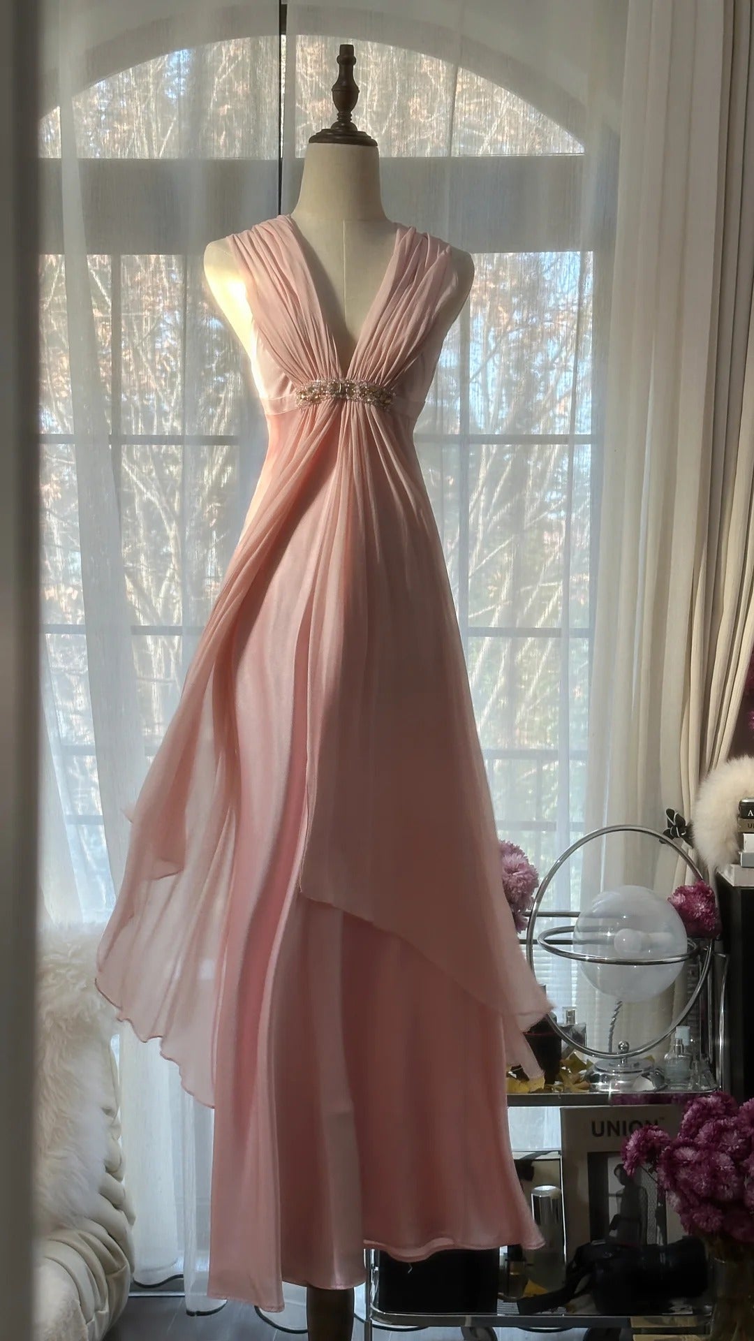 Pink Elegant Exquisite Rhinestone Long Satin Chiffon Ball Gown Evening Dress Party Dress Birthday Dress Date Dress gh4163