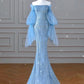 Robe de soirée sirène à manches longues en tulle pailleté bleu luxueux, magnifique, perles exquises et brillantes, élégante, gh3388
