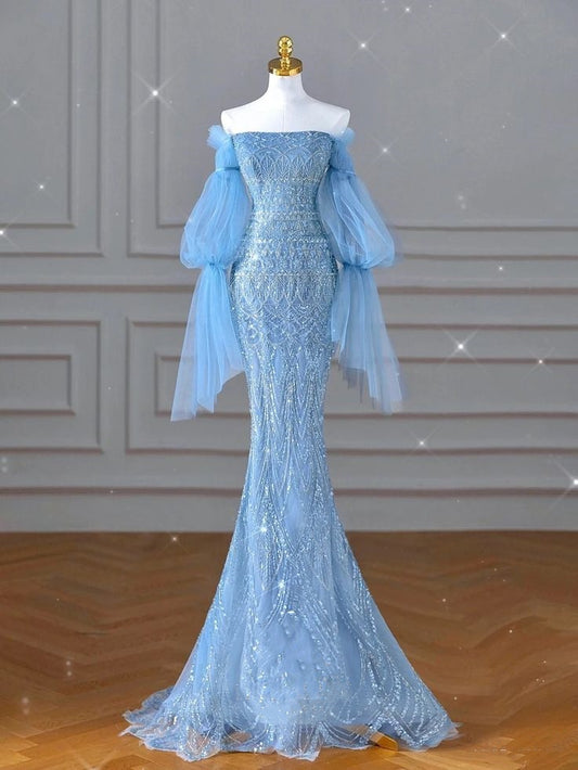 Robe de soirée sirène à manches longues en tulle pailleté bleu luxueux, magnifique, perles exquises et brillantes, élégante, gh3388