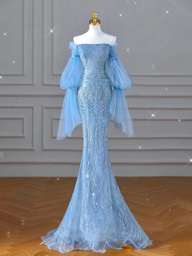 Robe de soirée sirène à manches longues en tulle pailleté bleu luxueux, magnifique, perles exquises et brillantes, élégante, gh3388