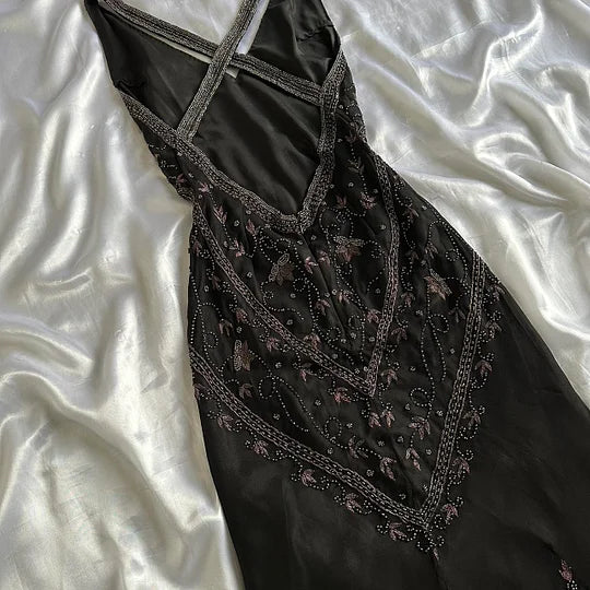 Robe de soirée élégante en mousseline de soie, style vintage, noire, motif floral, tenue de bal, de fête d'anniversaire, gh4271