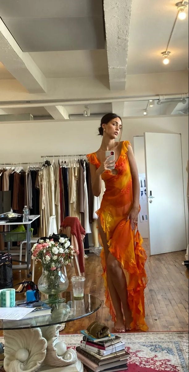 Orange Fashion Gradient Spaghetti Strap Long Ruffle Elegant Chiffon Ball Gown prom dress Evening Dress Holiday Party Dress gh3319