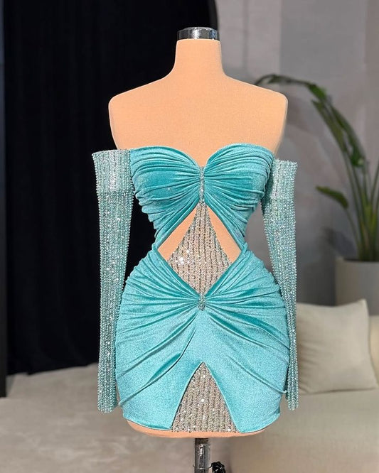 Girlhomeshops-Blue exquisite beaded short velvet long sleeve homecoming dress birthday party dress gh5428