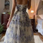 Blue white beautiful charming floral print sweetheart neckline A-line long chiffon ball gown evening dress wedding holiday party dress gh1790