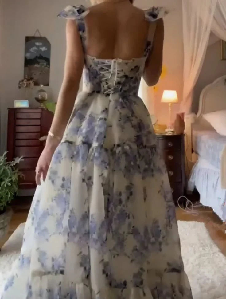 Blue white beautiful charming floral print sweetheart neckline A-line long chiffon ball gown evening dress wedding holiday party dress gh1790