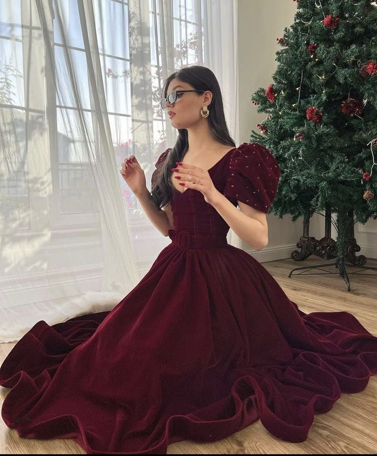 Burgundy Velvet V Neck Short Puff Sleeve Beaded A-Line Long Floor Length Ball Gown Evening Dress Christmas Party Dress gh3042