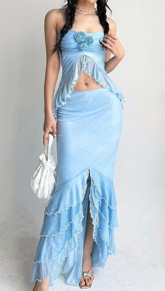 Blue/Pink Floral Ruffle Long Chiffon Outdoor Holiday Travel Party Dress Two-Piece Suit Dress gh4770