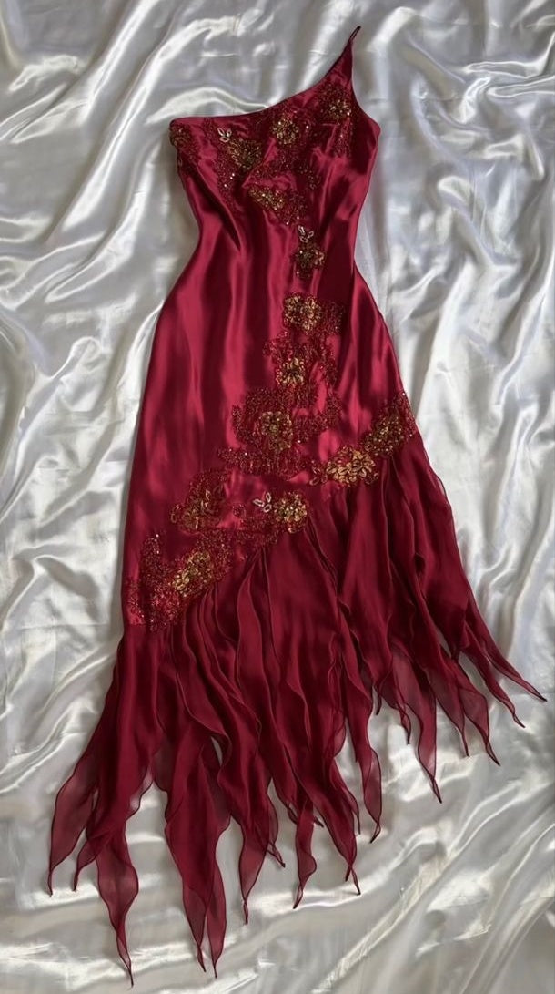 Red one shoulder fashion embroidered floral long elegant satin chiffon ruffle party dress prom dress evening gown gh3269